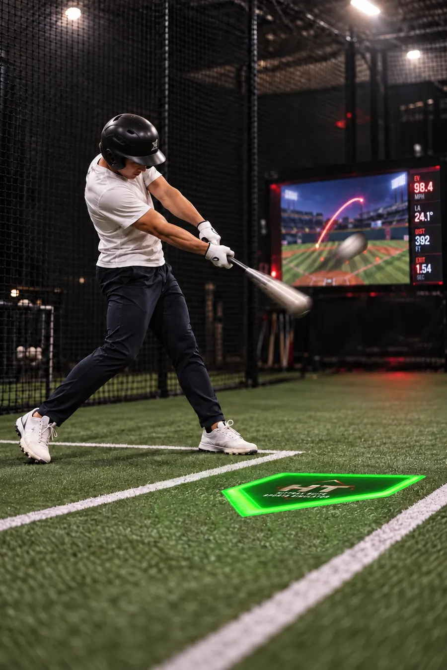 A batter at the moment of contact inside a C&C Bat Factory cage, HitTrax screen glowing behind